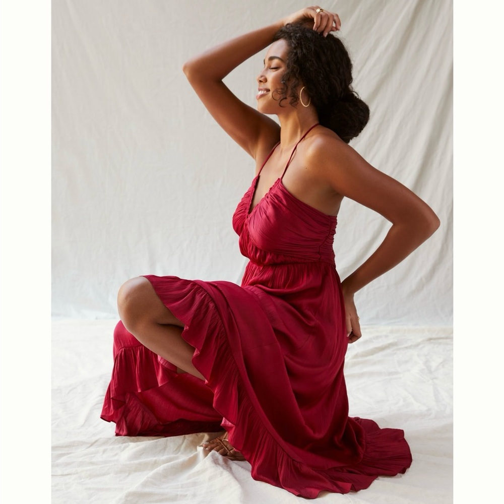 Anthropologie Red Maxi Dress with Ruffled Hem - Picture 3 of 15